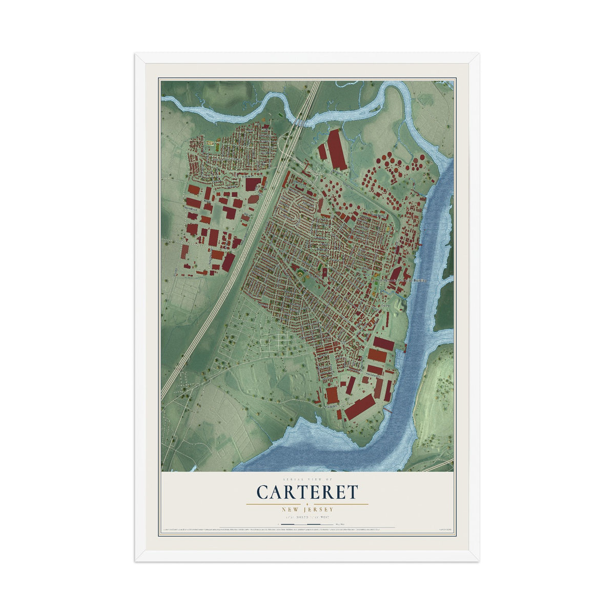 Carteret, New Jersey map print, 12" x 18" W/ White Ayous Wood Frame mockup