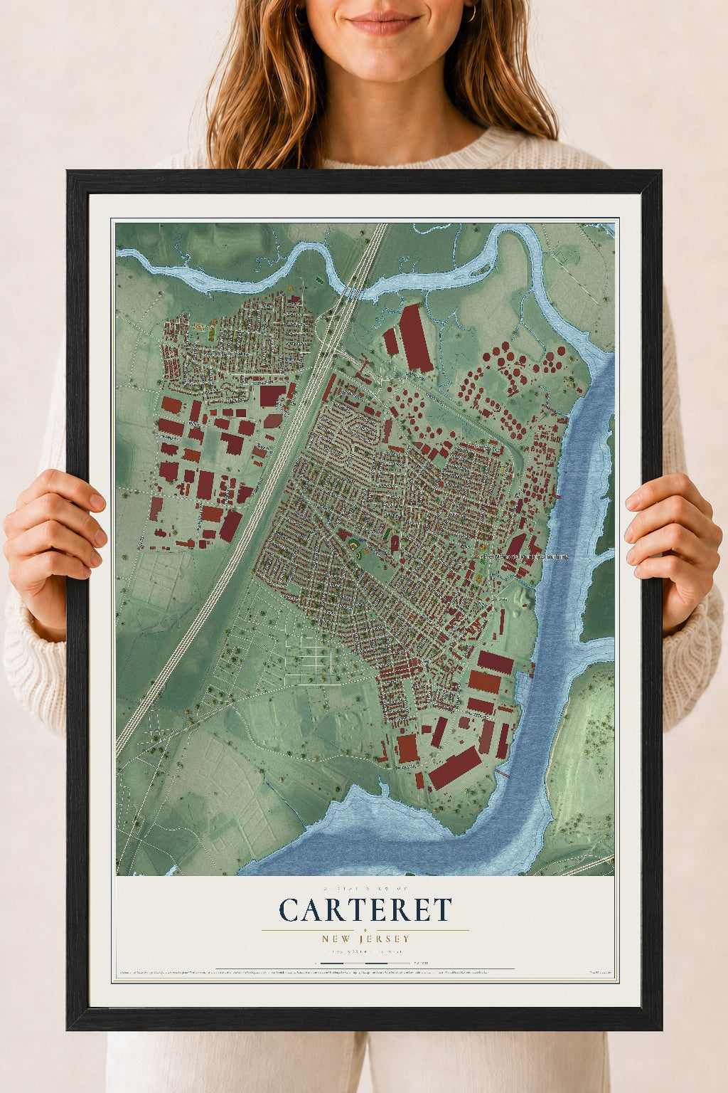 Carteret, New Jersey map print, 18" x 24" W/ Black Ayous Wood Frame mockup