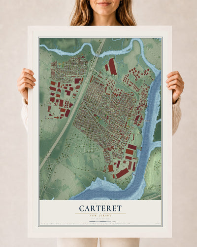 Carteret, New Jersey map print, 24" x 36" W/ White Ayous Wood Frame mockup