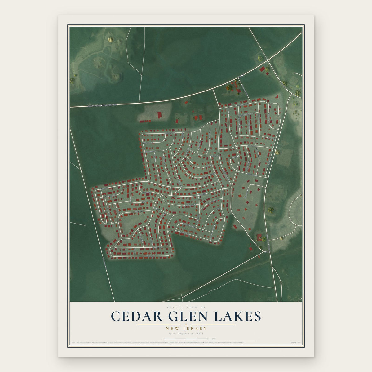 Cedar Glen Lakes, New Jersey map print, the full design