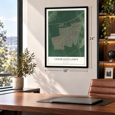 Cedar Glen Lakes, New Jersey map, 18 x 24 inch print in a black frame in a home office