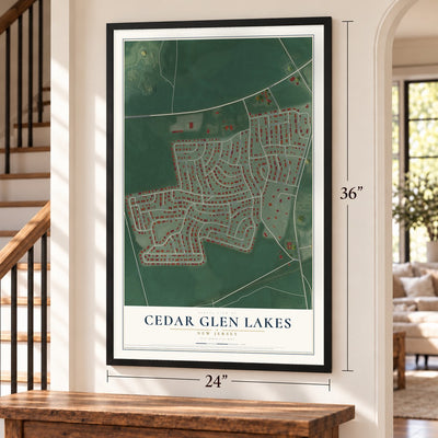 Cedar Glen Lakes, New Jersey map, 24 x 36 inch print in a black frame by a staircase