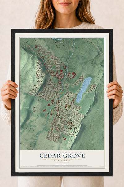 Cedar Grove, New Jersey map print, 18" x 24" W/ Black Ayous Wood Frame mockup