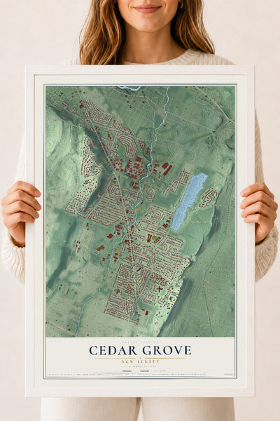 Cedar Grove, New Jersey map print, 18" x 24" W/ White Ayous Wood Frame mockup