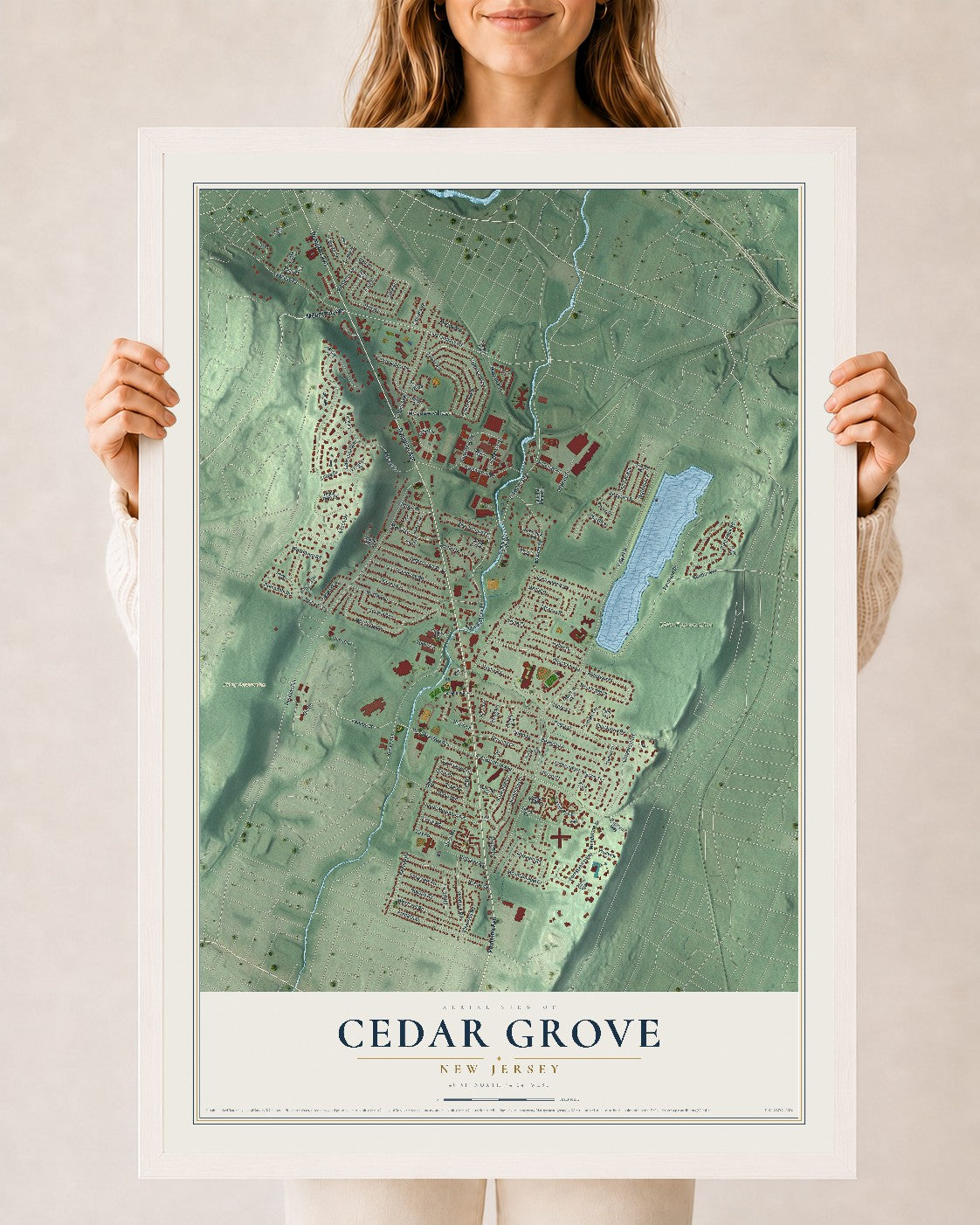 Cedar Grove, New Jersey map print, 24" x 36" W/ White Ayous Wood Frame mockup