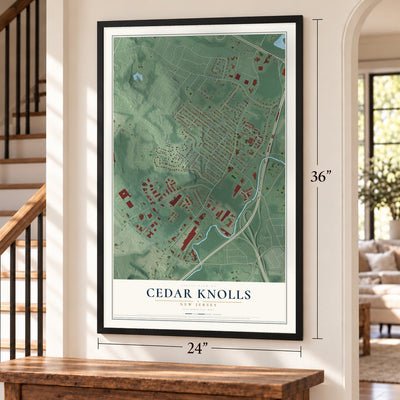 Cedar Knolls, New Jersey map, 24 x 36 inch print in a black frame by a staircase