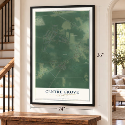 Centre Grove, New Jersey map, 24 x 36 inch print in a black frame by a staircase