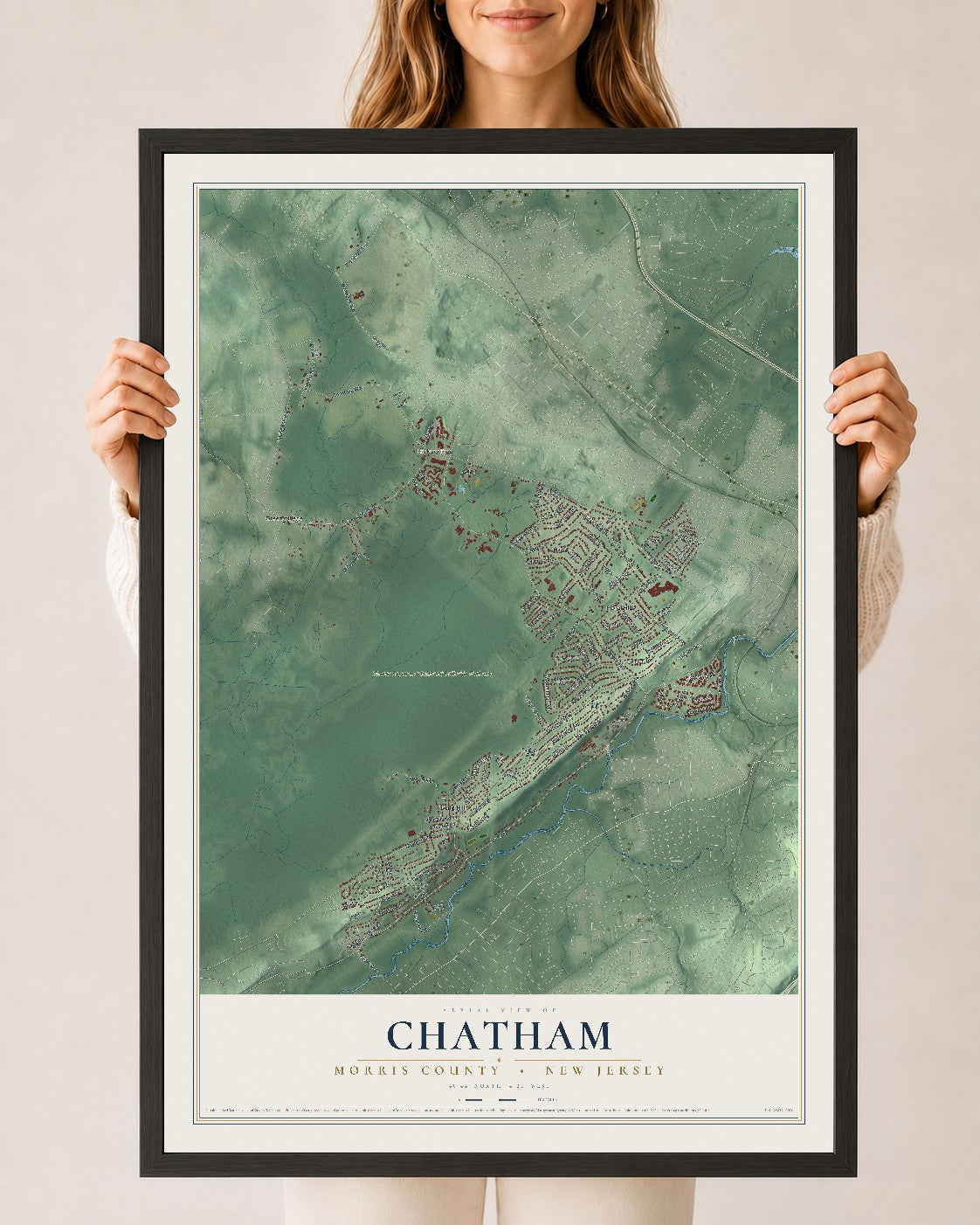 Chatham, New Jersey map print, 24" x 36" W/ Black Ayous Wood Frame mockup