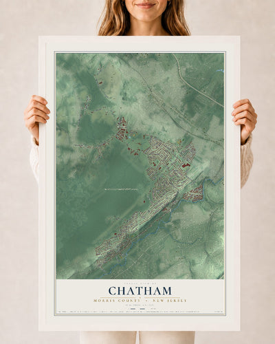 Chatham, New Jersey map print, 24" x 36" W/ White Ayous Wood Frame mockup