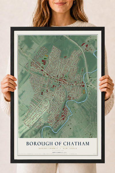 Borough of Chatham, New Jersey map print, 18" x 24" W/ Black Ayous Wood Frame mockup