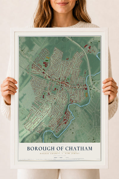 Borough of Chatham, New Jersey map print, 18" x 24" W/ White Ayous Wood Frame mockup