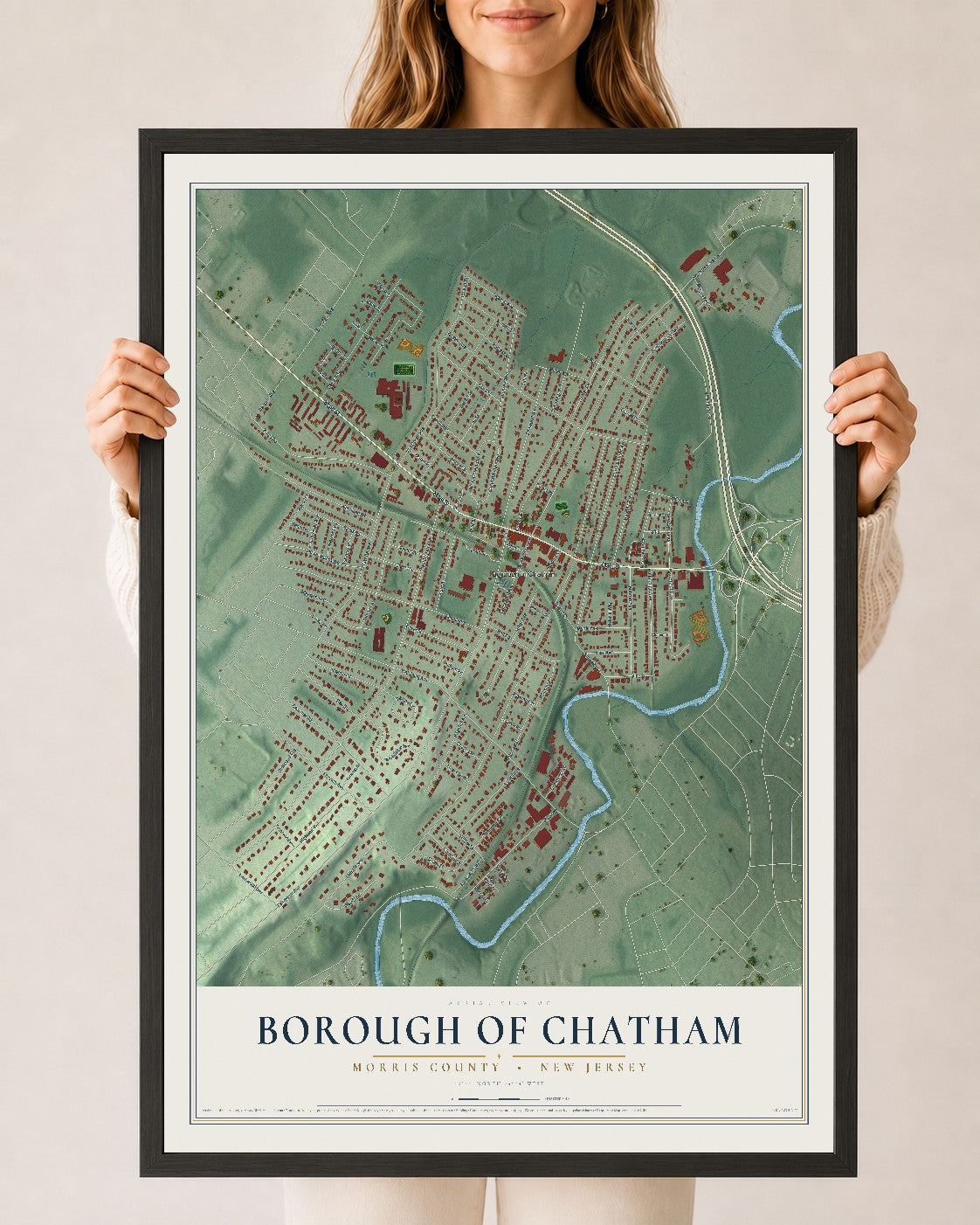 Borough of Chatham, New Jersey map print, 24" x 36" W/ Black Ayous Wood Frame mockup