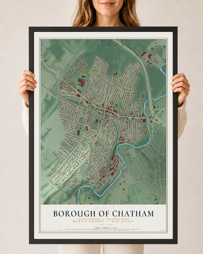 Borough of Chatham, New Jersey map print, 24" x 36" W/ Black Ayous Wood Frame mockup