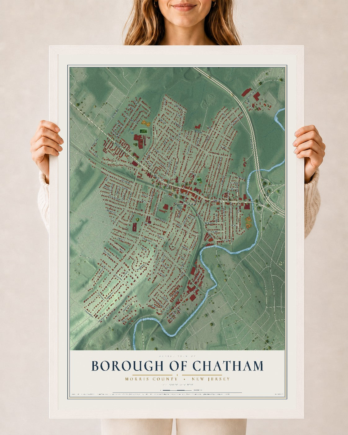 Borough of Chatham, New Jersey map print, 24" x 36" W/ White Ayous Wood Frame mockup