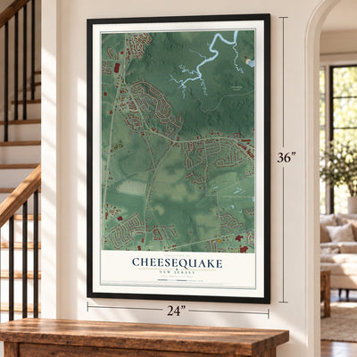 Cheesequake, New Jersey map, 24 x 36 inch print in a black frame by a staircase