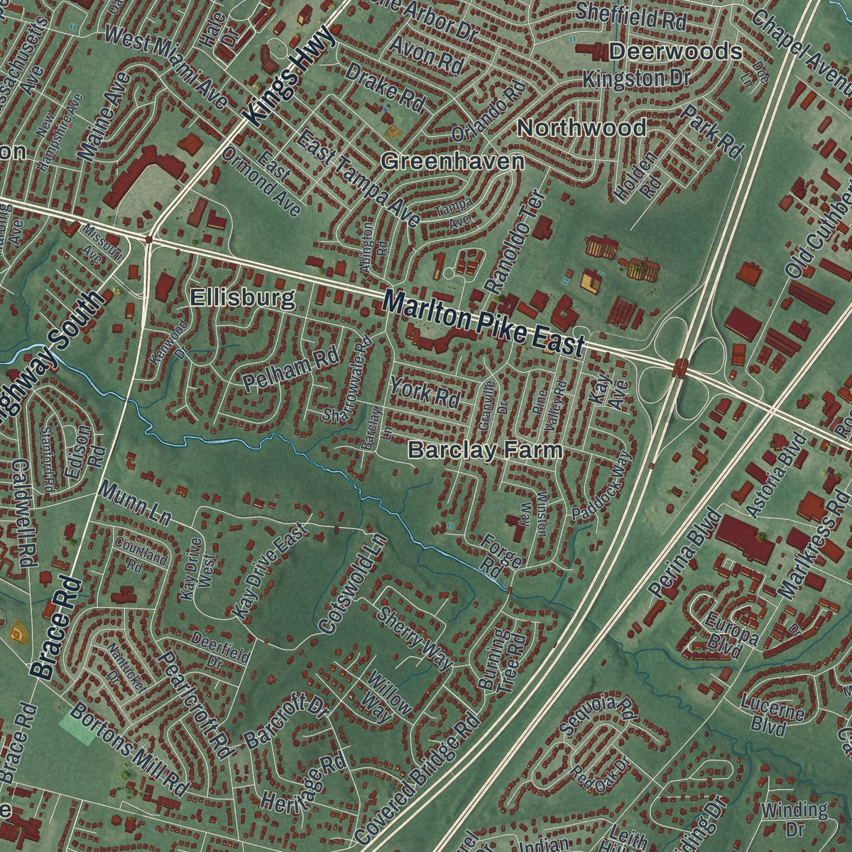 Close-up 1 of the Cherry Hill, New Jersey map artwork
