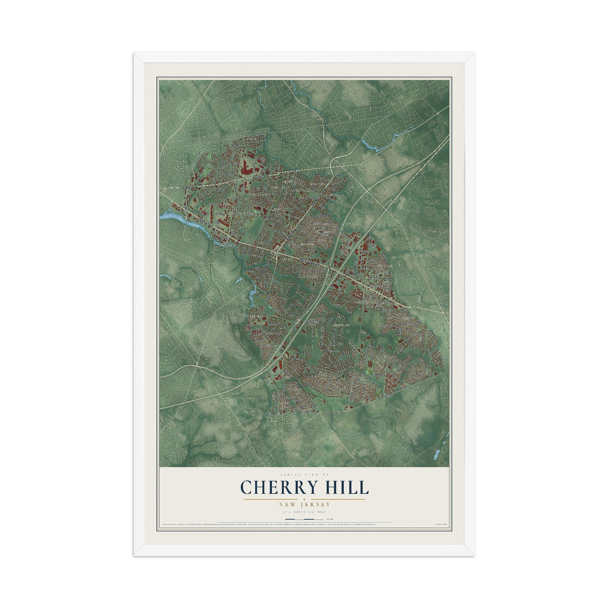 Cherry Hill, New Jersey map print, 12" x 18" W/ White Ayous Wood Frame mockup