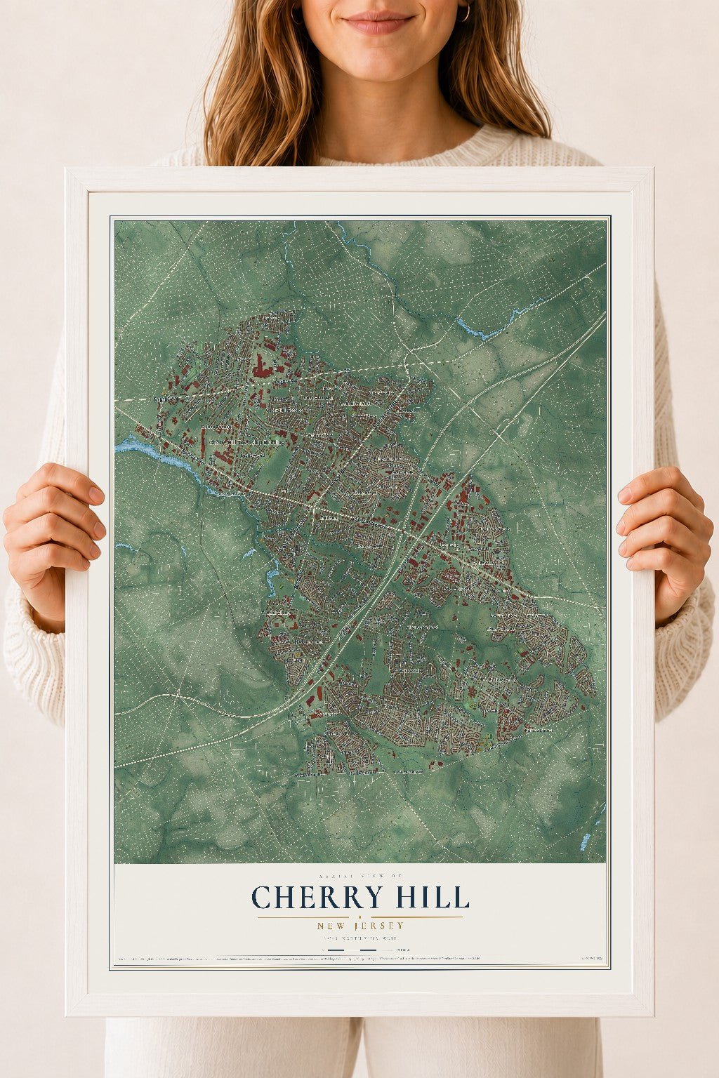 Cherry Hill, New Jersey map print, 18" x 24" W/ White Ayous Wood Frame mockup