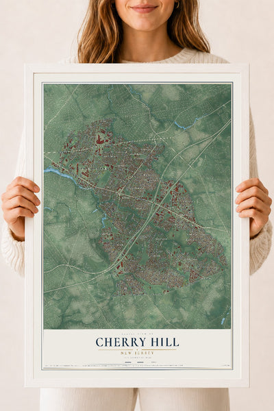 Cherry Hill, New Jersey map print, 18" x 24" W/ White Ayous Wood Frame mockup