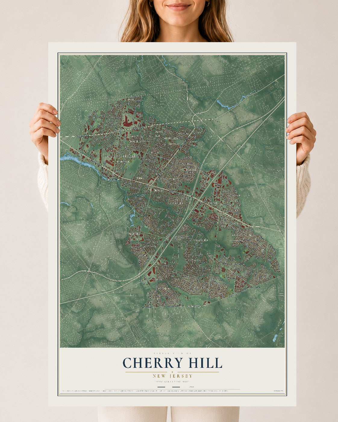 Cherry Hill, New Jersey map print, 24" x 36" Archival Matte Print mockup