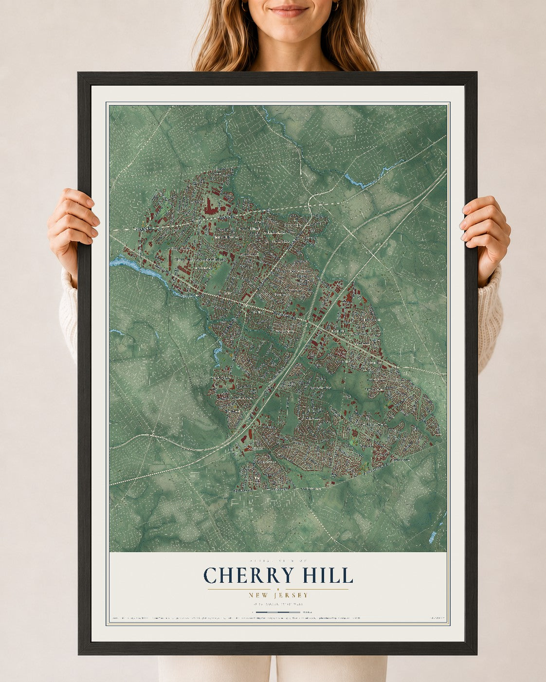 Cherry Hill, New Jersey map print, 24" x 36" W/ Black Ayous Wood Frame mockup