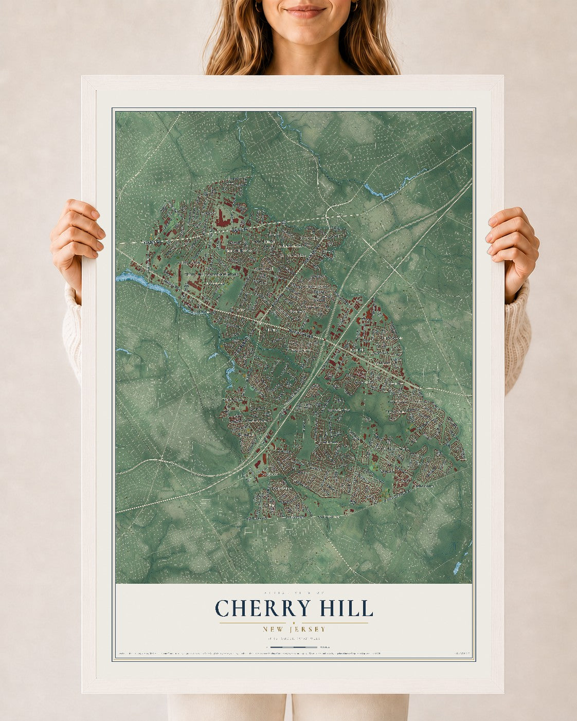 Cherry Hill, New Jersey map print, 24" x 36" W/ White Ayous Wood Frame mockup