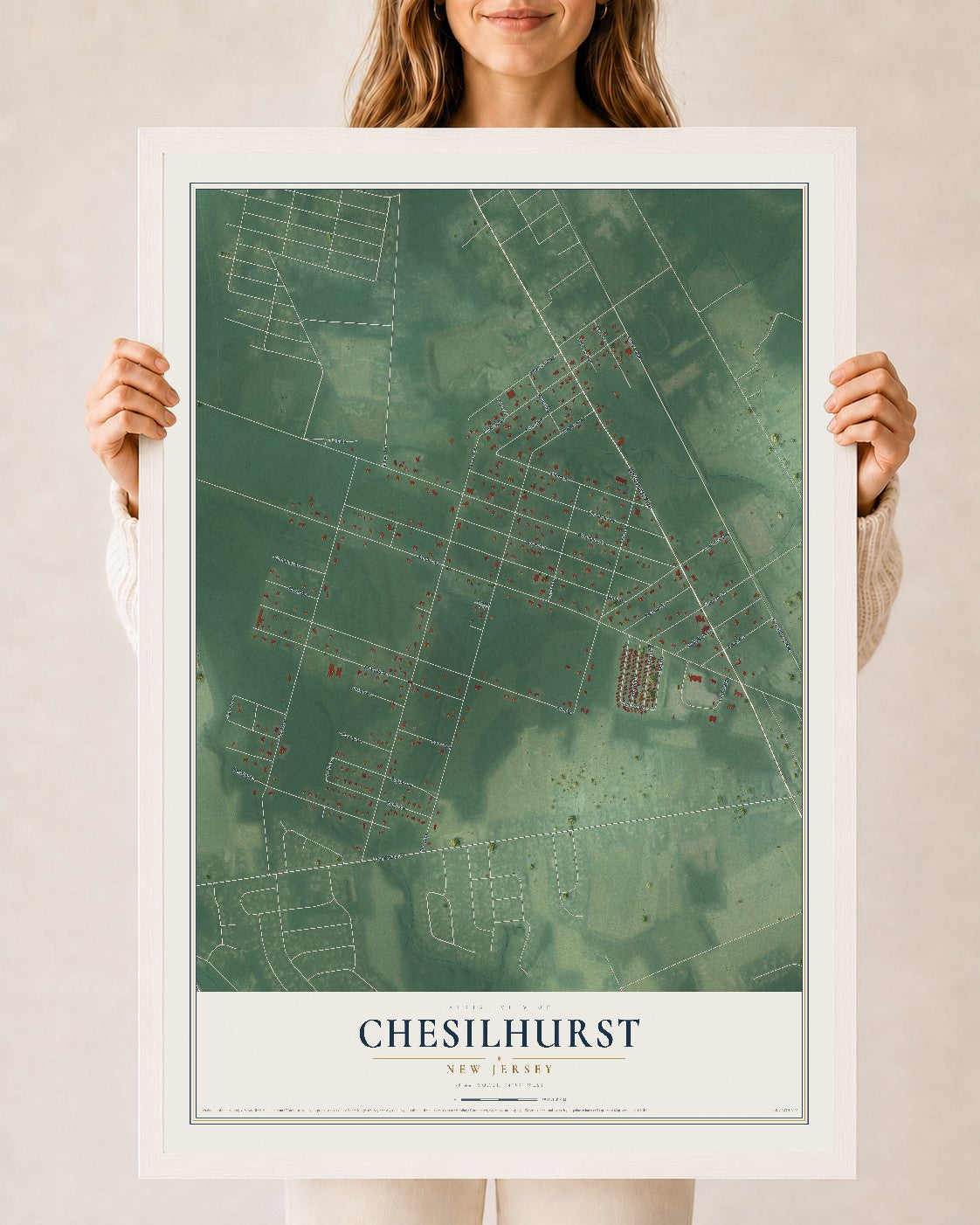 Chesilhurst, New Jersey map print, 24" x 36" W/ White Ayous Wood Frame mockup