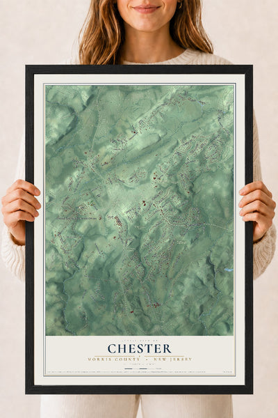Chester, New Jersey map print, 18" x 24" W/ Black Ayous Wood Frame mockup