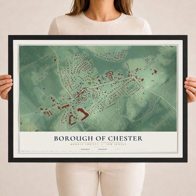 Borough of Chester, New Jersey map print, 18" x 24" W/ Black Ayous Wood Frame mockup