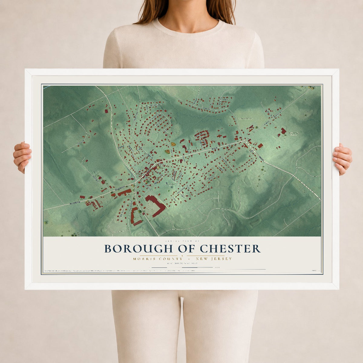Borough of Chester, New Jersey map print, 24" x 36" W/ White Ayous Wood Frame mockup