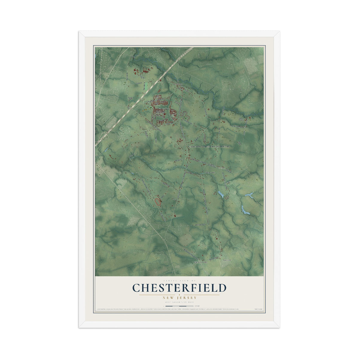 Chesterfield, New Jersey map print, 12" x 18" W/ White Ayous Wood Frame mockup