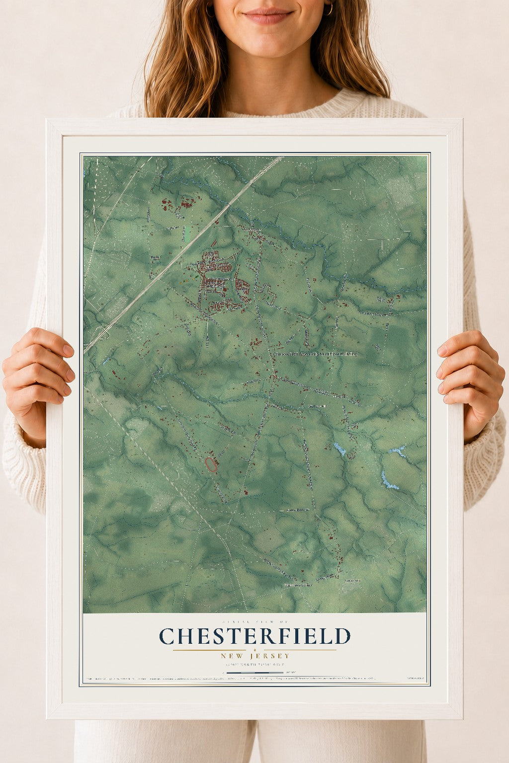 Chesterfield, New Jersey map print, 18" x 24" W/ White Ayous Wood Frame mockup