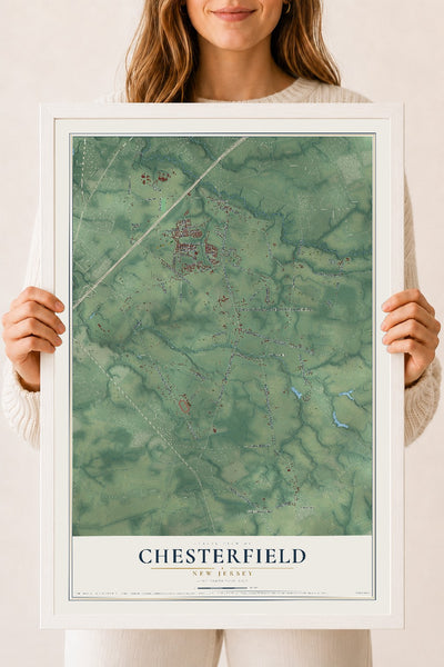 Chesterfield, New Jersey map print, 18" x 24" W/ White Ayous Wood Frame mockup