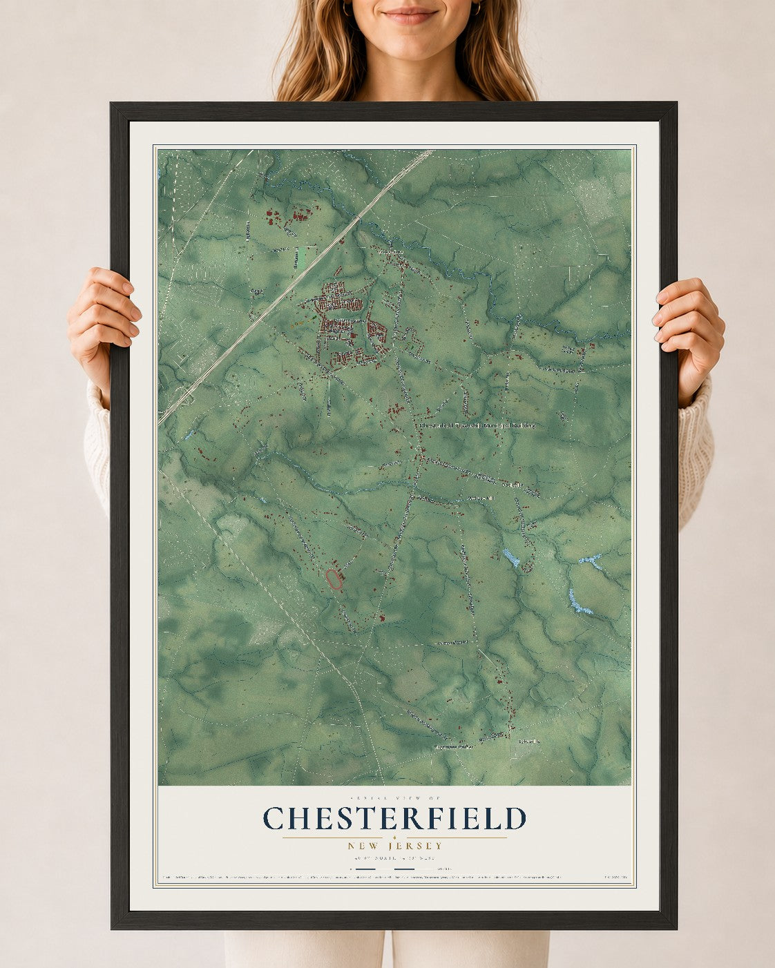 Chesterfield, New Jersey map print, 24" x 36" W/ Black Ayous Wood Frame mockup