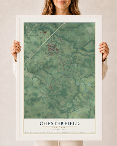 Chesterfield, New Jersey map print, 24" x 36" W/ White Ayous Wood Frame mockup