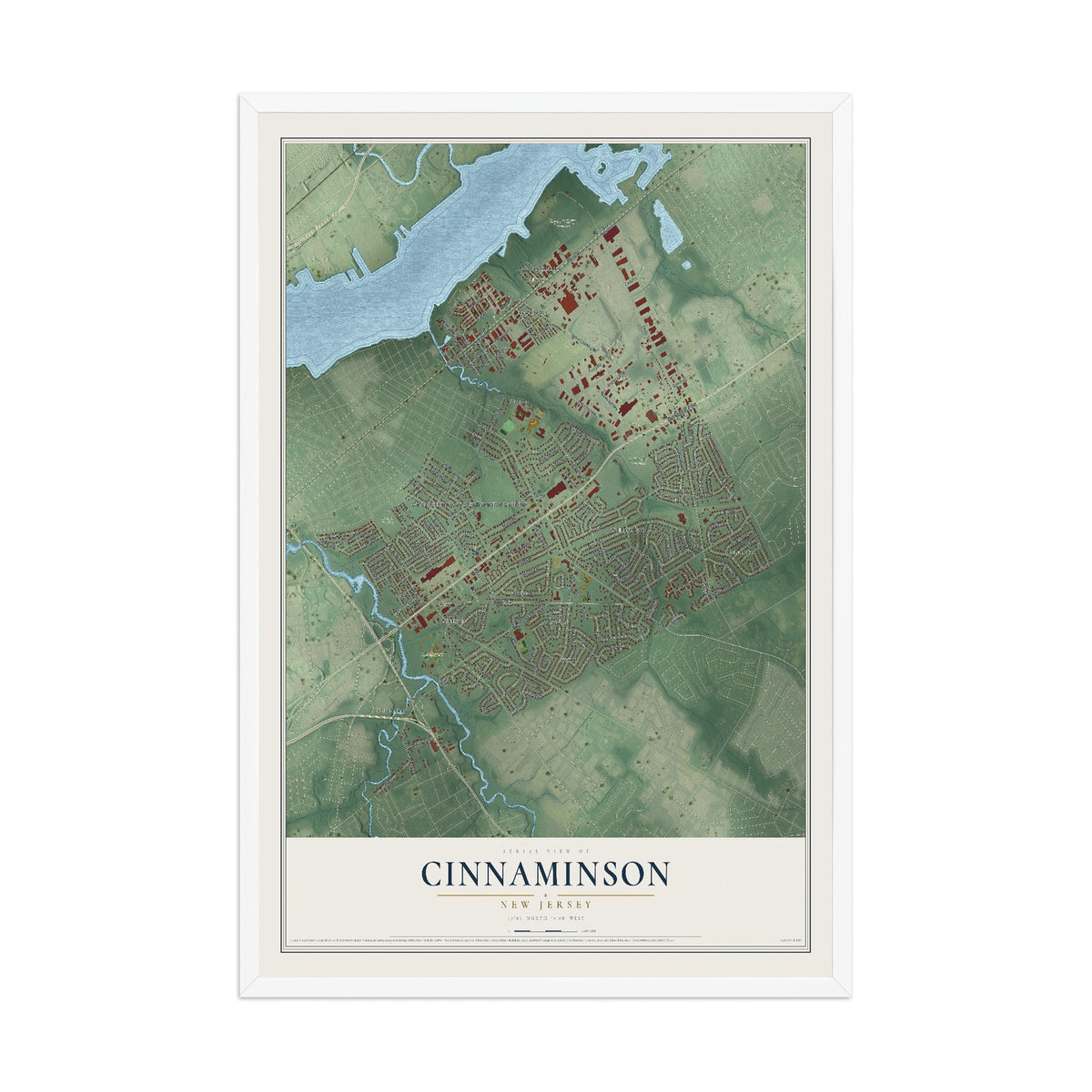 Cinnaminson, New Jersey map print, 12" x 18" W/ White Ayous Wood Frame mockup