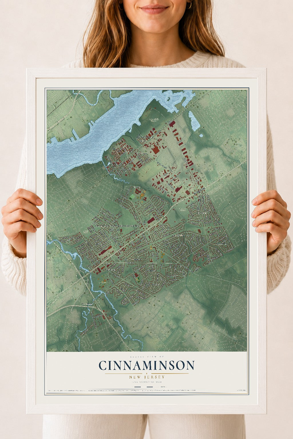 Cinnaminson, New Jersey map print, 18" x 24" W/ White Ayous Wood Frame mockup
