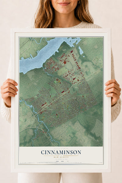 Cinnaminson, New Jersey map print, 18" x 24" W/ White Ayous Wood Frame mockup