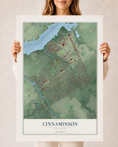 Cinnaminson, New Jersey map print, 24" x 36" W/ White Ayous Wood Frame mockup