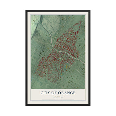 City of Orange, New Jersey map print, 12" x 18" W/ Black Ayous Wood Frame mockup