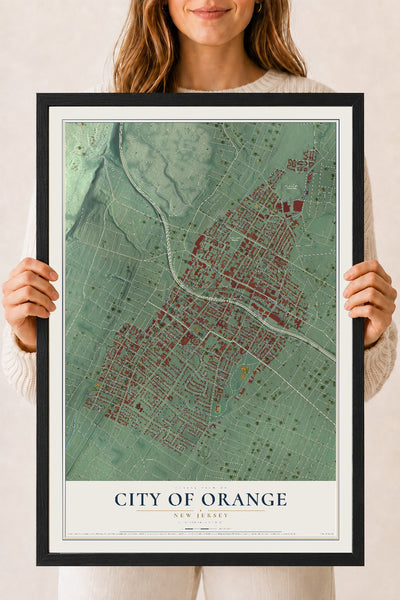 City of Orange, New Jersey map print, 18" x 24" W/ Black Ayous Wood Frame mockup