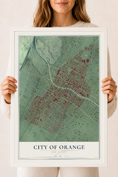 City of Orange, New Jersey map print, 18" x 24" W/ White Ayous Wood Frame mockup