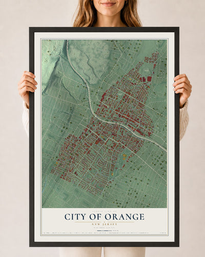 City of Orange, New Jersey map print, 24" x 36" W/ Black Ayous Wood Frame mockup