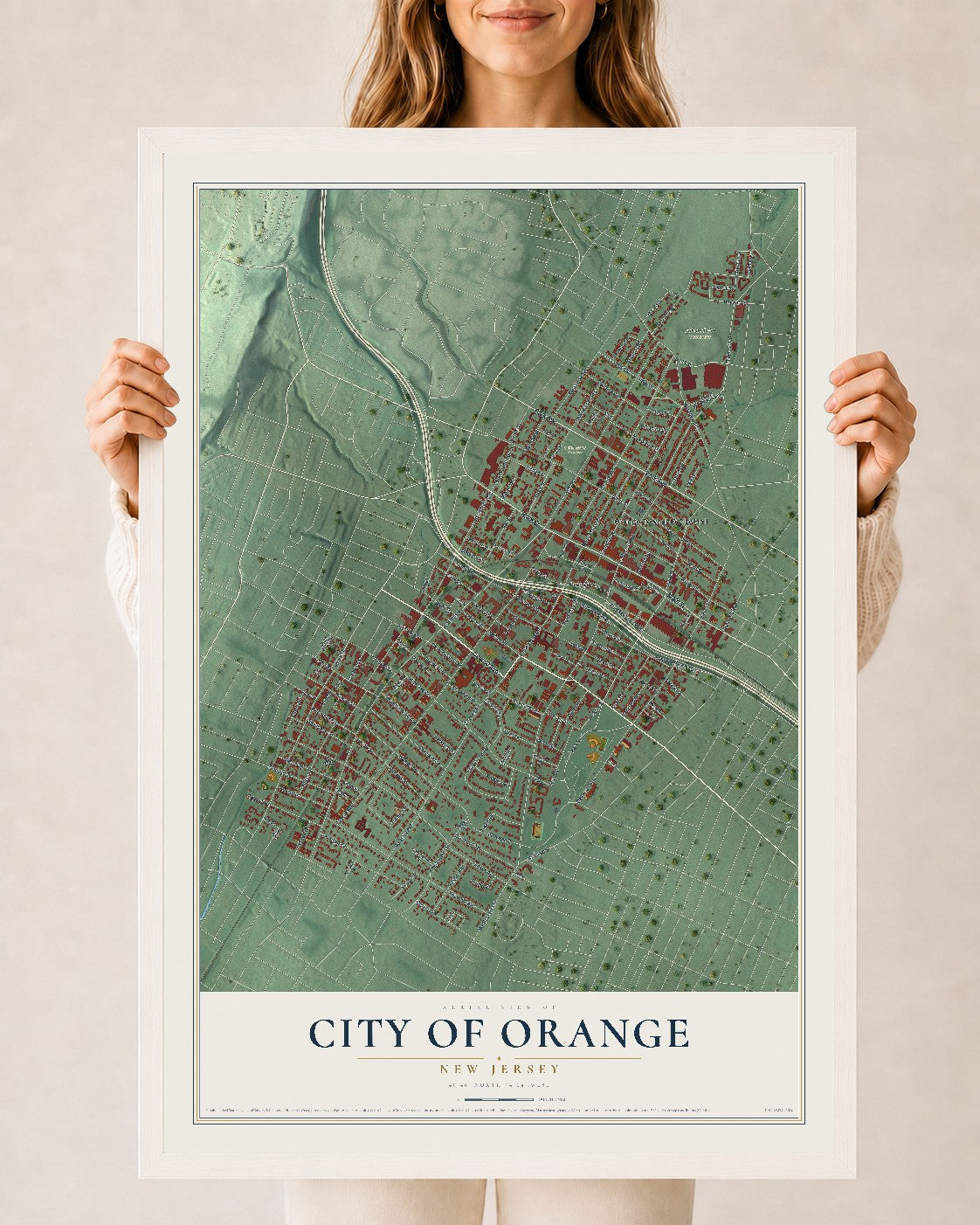 City of Orange, New Jersey map print, 24" x 36" W/ White Ayous Wood Frame mockup