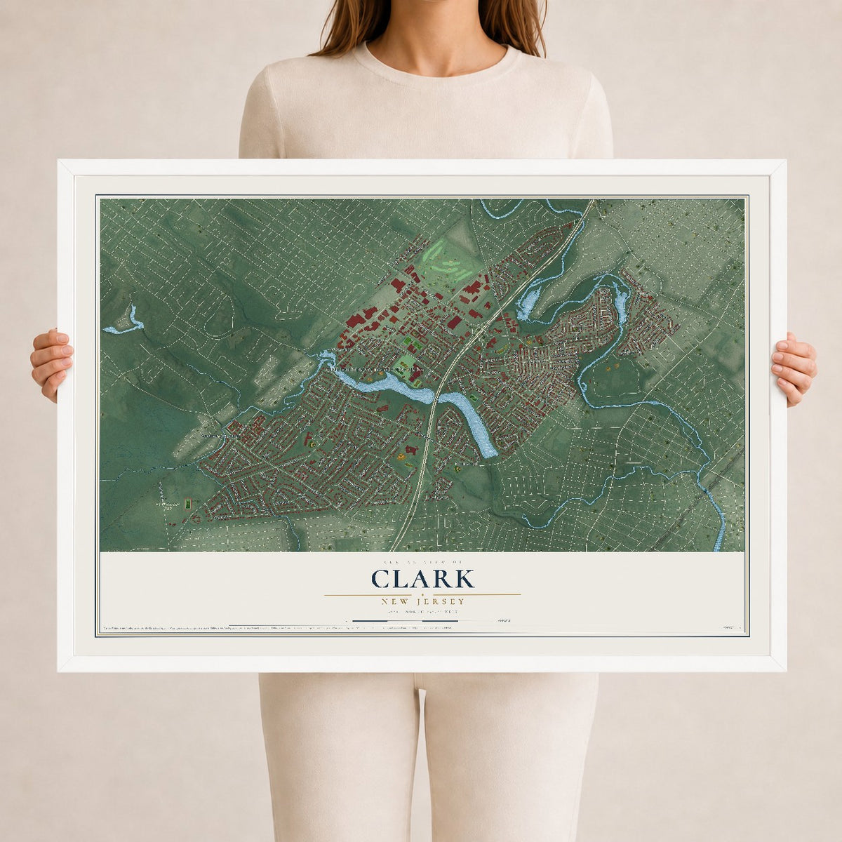 Clark, New Jersey map print, 24" x 36" W/ White Ayous Wood Frame mockup