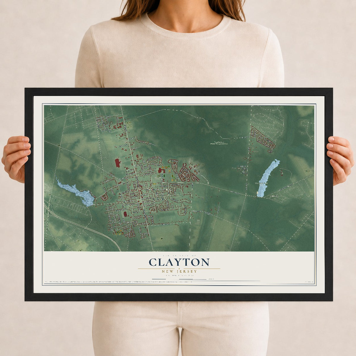 Clayton, New Jersey map print, 12" x 18" W/ Black Ayous Wood Frame mockup