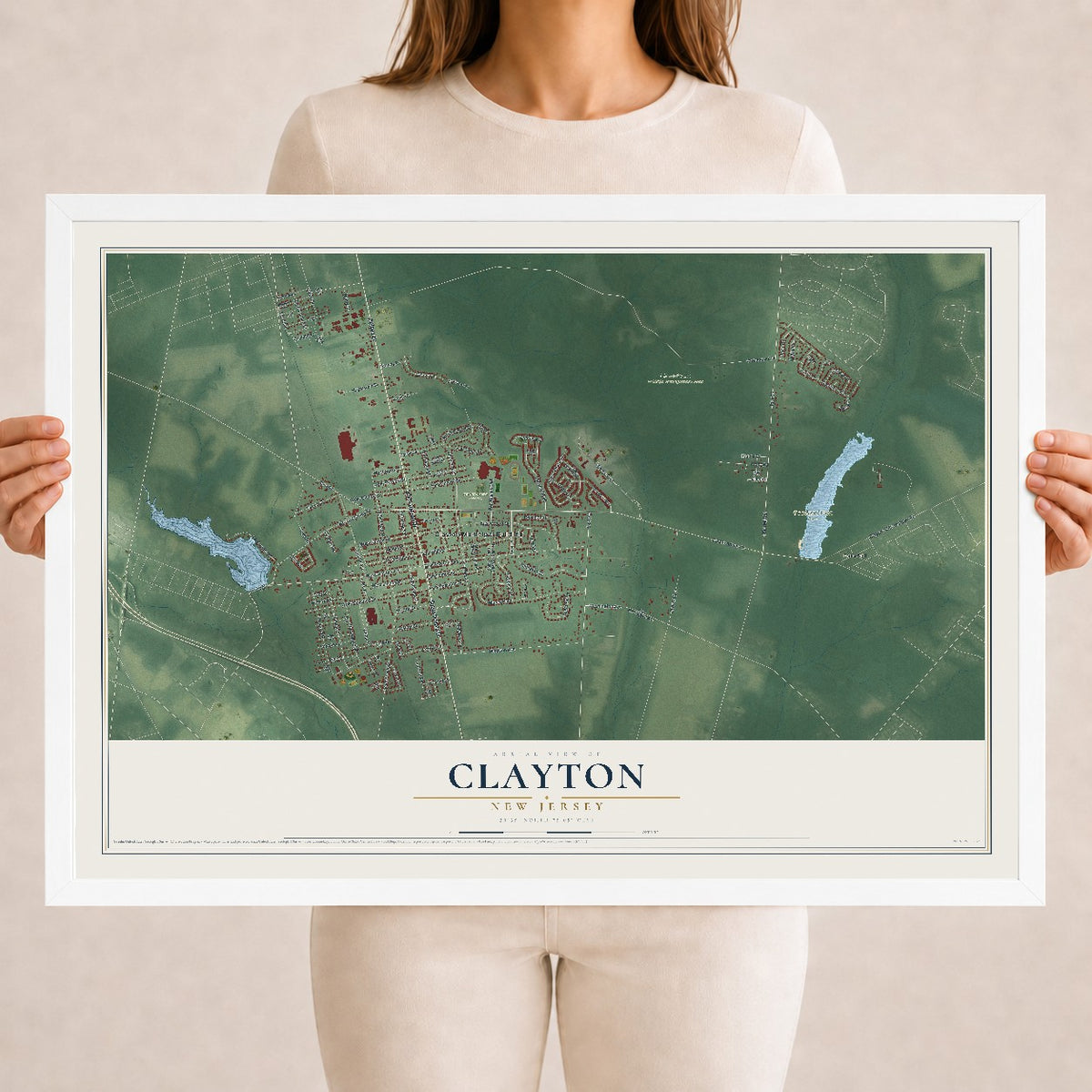 Clayton, New Jersey map print, 18" x 24" W/ White Ayous Wood Frame mockup
