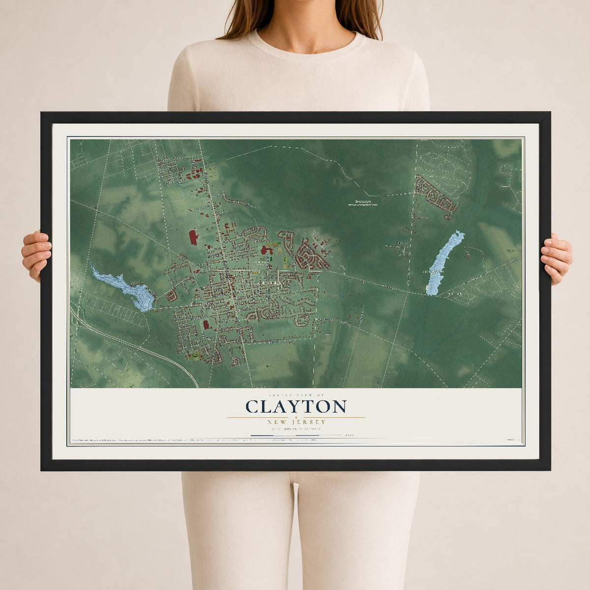 Clayton, New Jersey map print, 24" x 36" W/ Black Ayous Wood Frame mockup