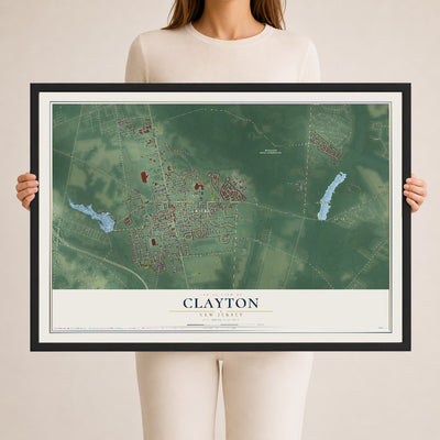 Clayton, New Jersey map print, 24" x 36" W/ Black Ayous Wood Frame mockup