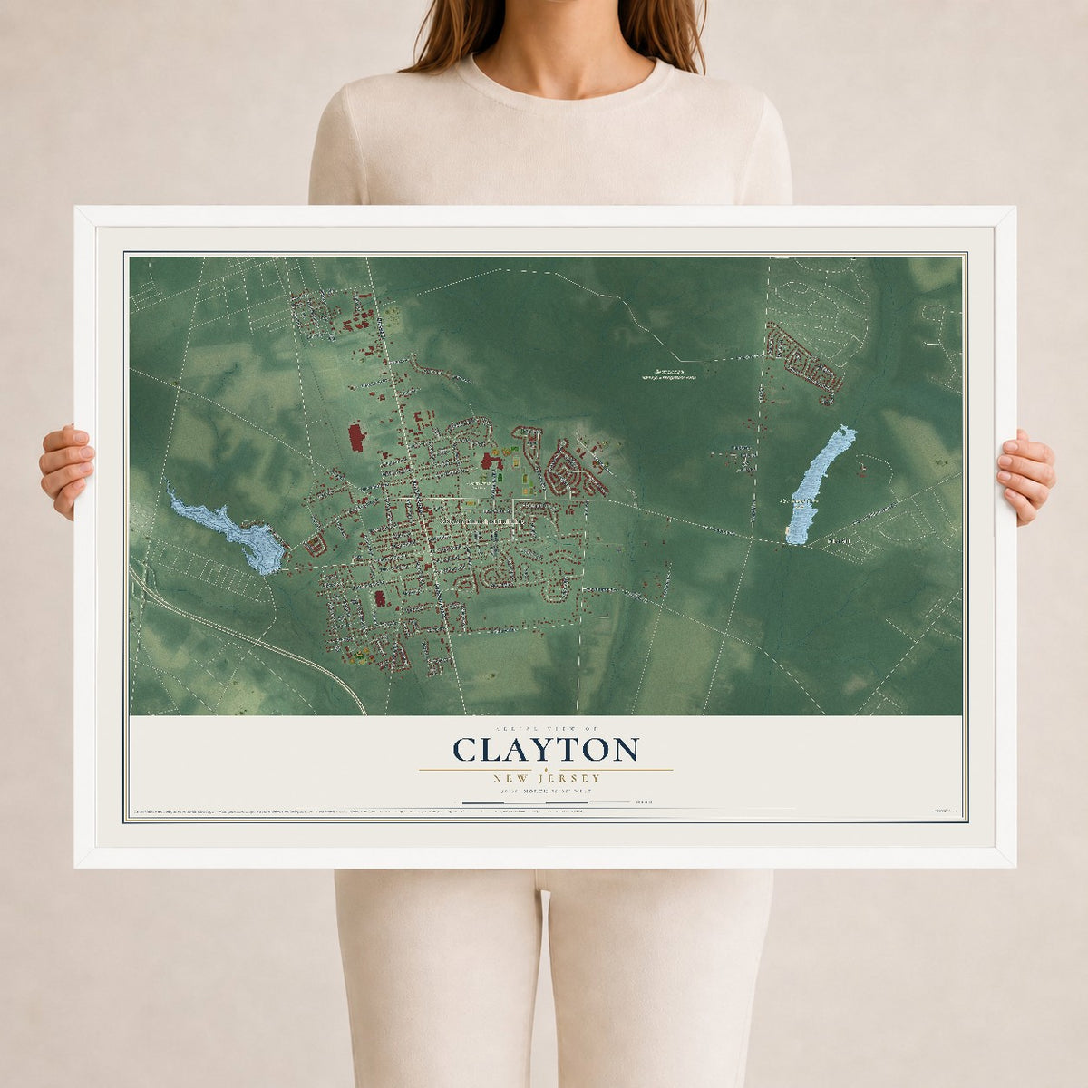 Clayton, New Jersey map print, 24" x 36" W/ White Ayous Wood Frame mockup